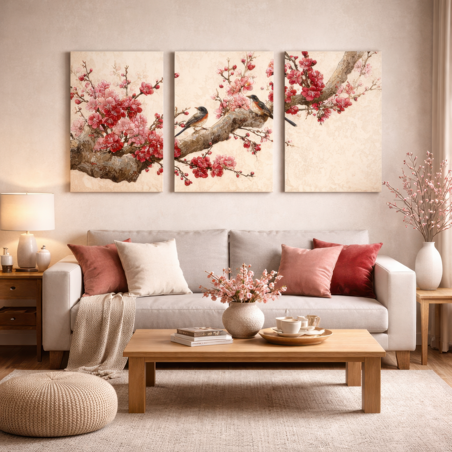 japanese cherry blossom birds triptych wall art displayed above sofa in modern living room