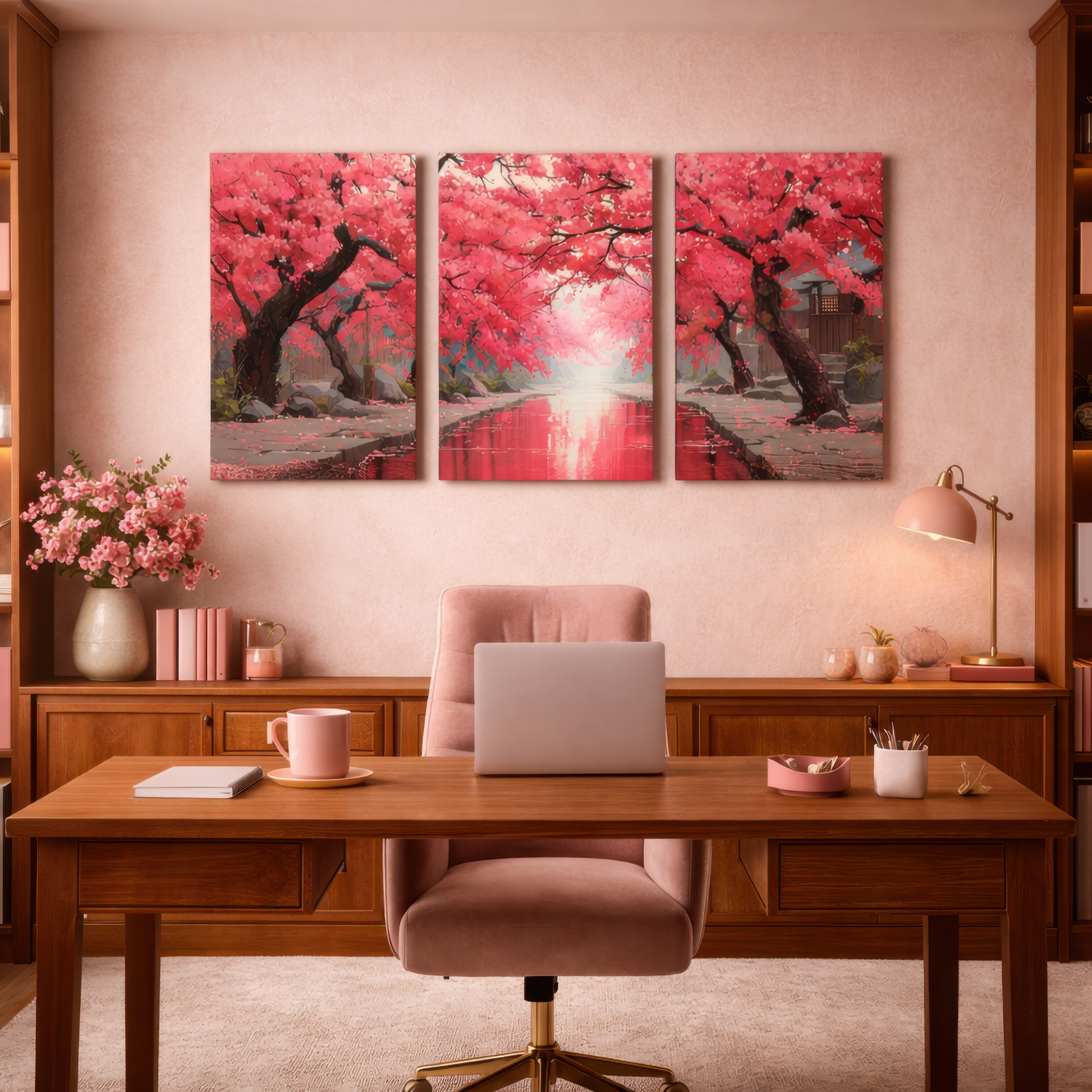 japanese cherry blossom canal landscape triptych wall art displayed above desk in elegant home office