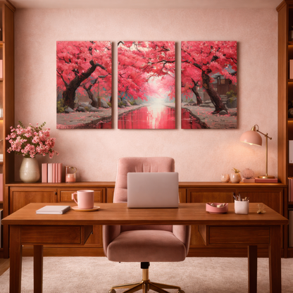 japanese cherry blossom canal landscape triptych wall art displayed above desk in elegant home office