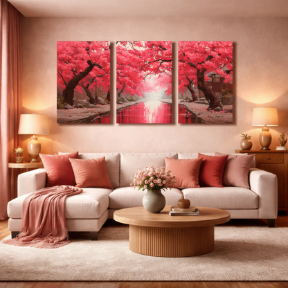japanese cherry blossom river landscape triptych wall art displayed above sofa in warm living room interior