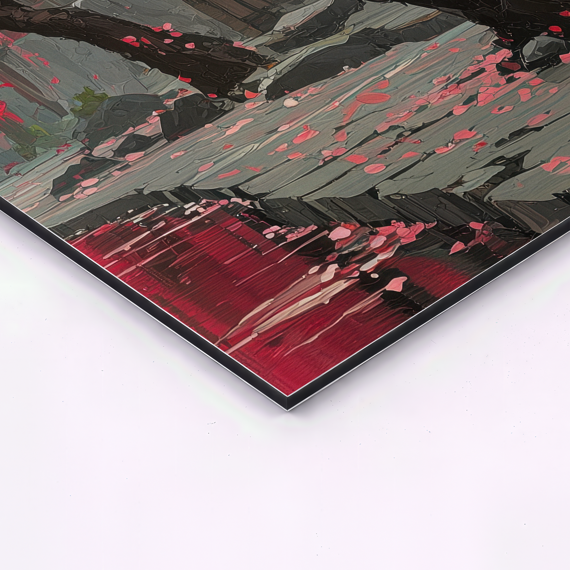 corner close up of japanese cherry blossom triptych aluminum wall art showing thin metal panel edge