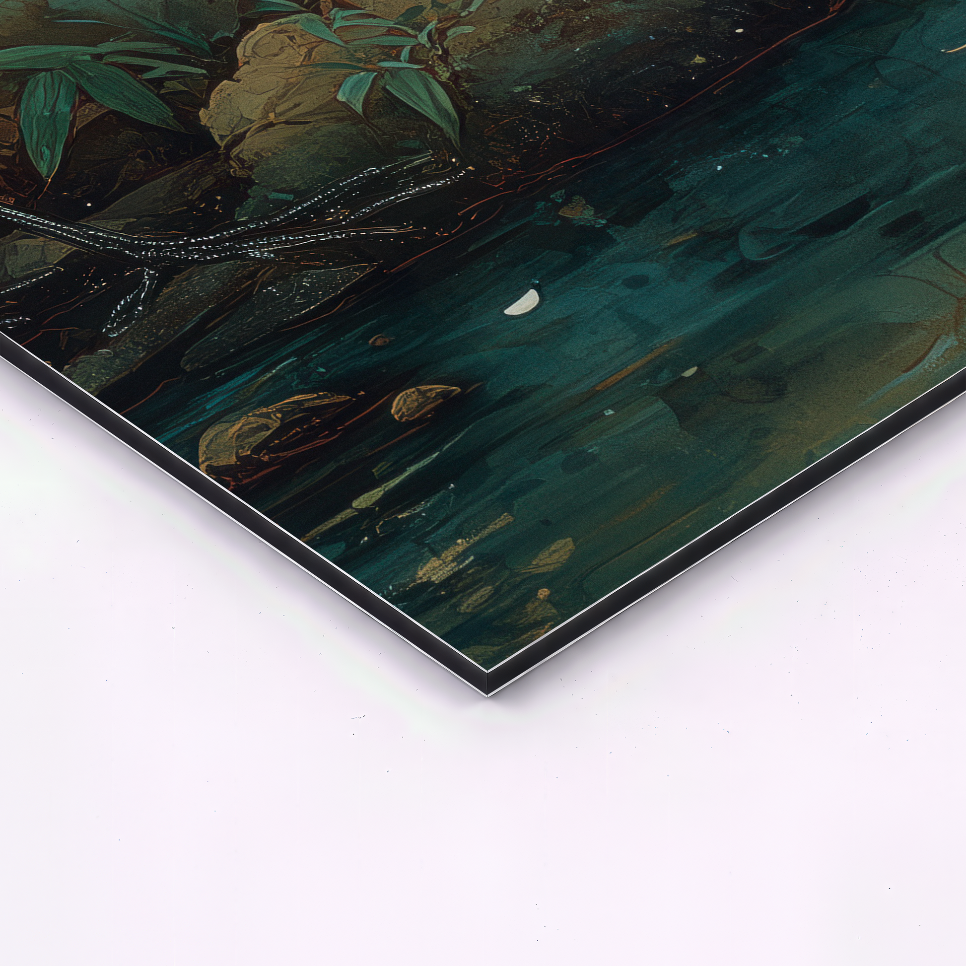 close up corner of japanese crane triptych aluminum wall art showing metal print edge and texture