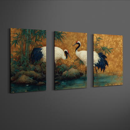 angled gallery perspective of japanese crane triptych wall art showing three panels depth