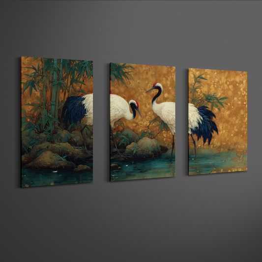 angled gallery perspective of japanese crane triptych wall art showing three panels depth