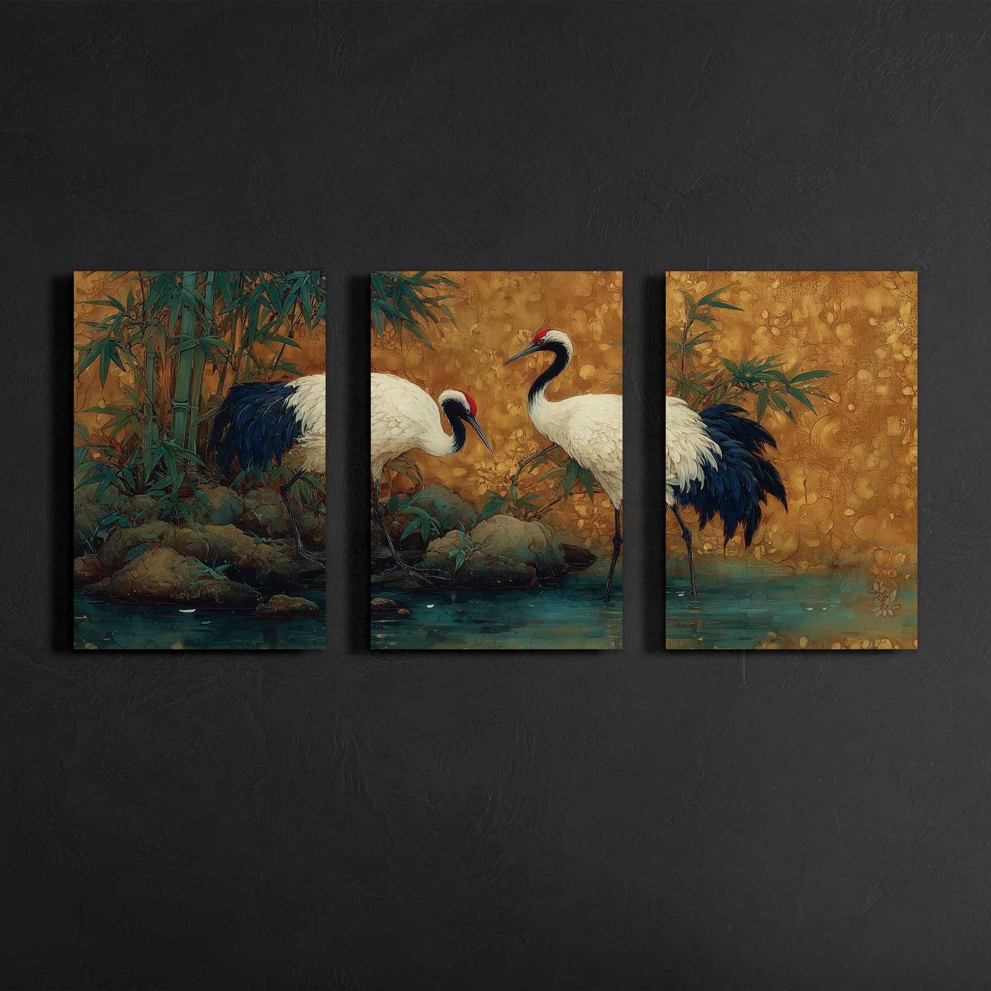 japanese crane triptych wall art displayed on dark textured gallery wall background