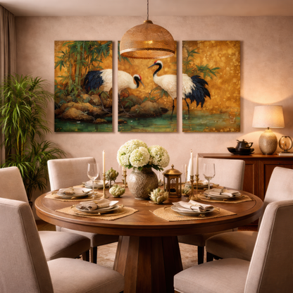 japanese crane wall art triptych displayed above dining table in warm japandi dining room