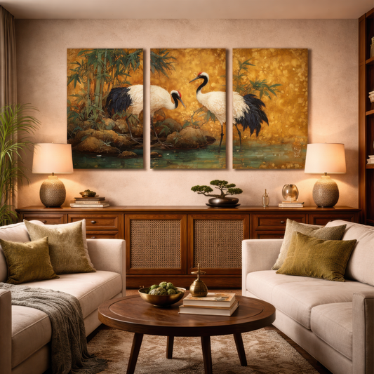 japanese crane wall art triptych above wooden console in warm luxury living room interior