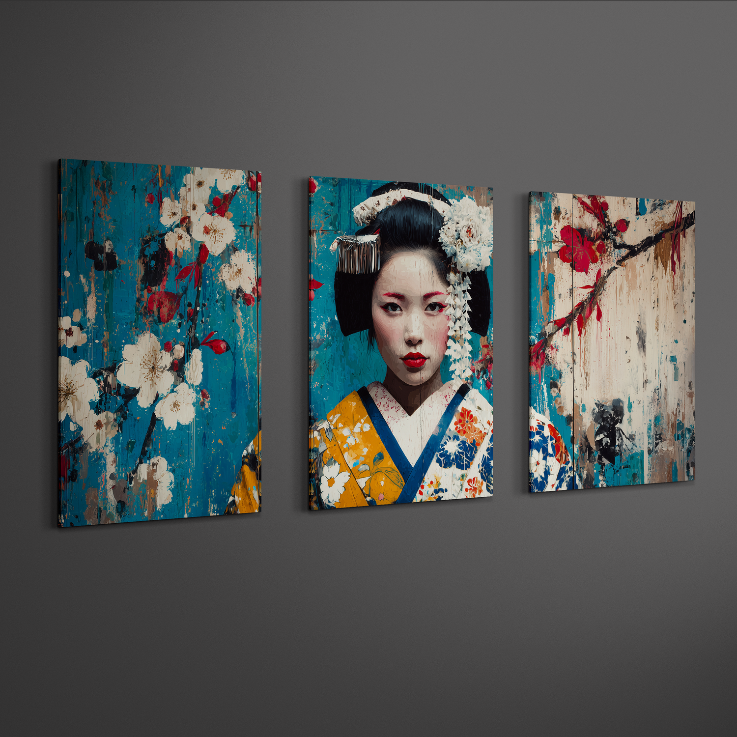 angled gallery perspective of japanese geisha cherry blossom triptych wall art panels
