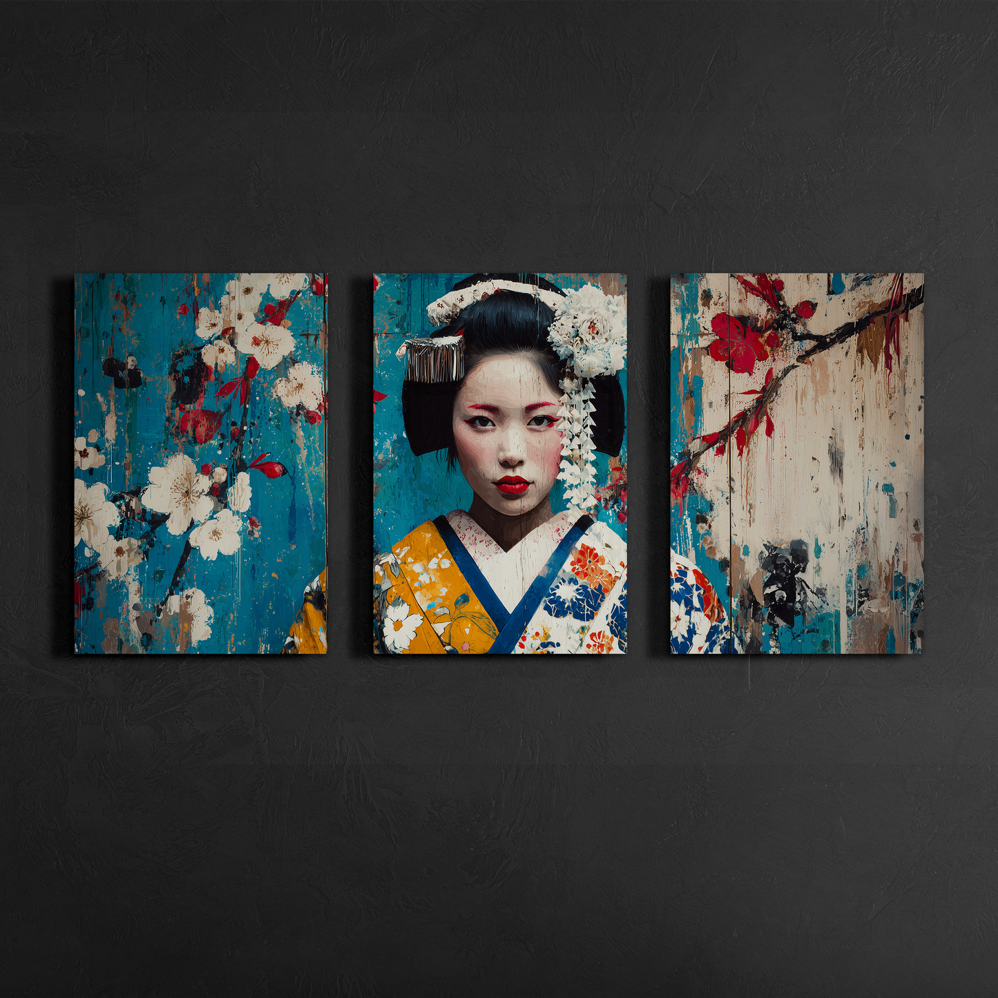 japanese geisha cherry blossom triptych wall art mounted on dark textured gallery wall