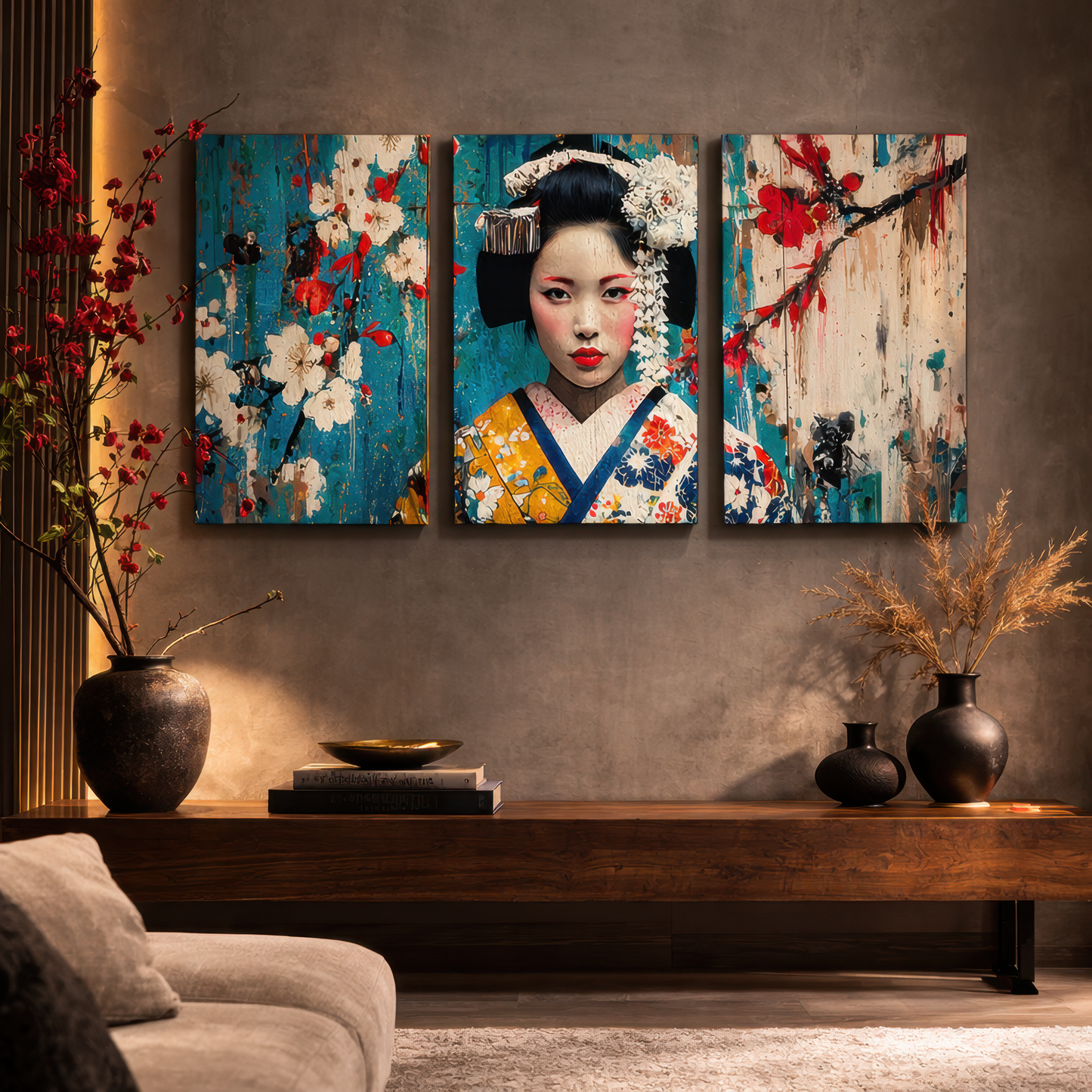 japanese geisha cherry blossom triptych wall art displayed in luxury japandi interior setting