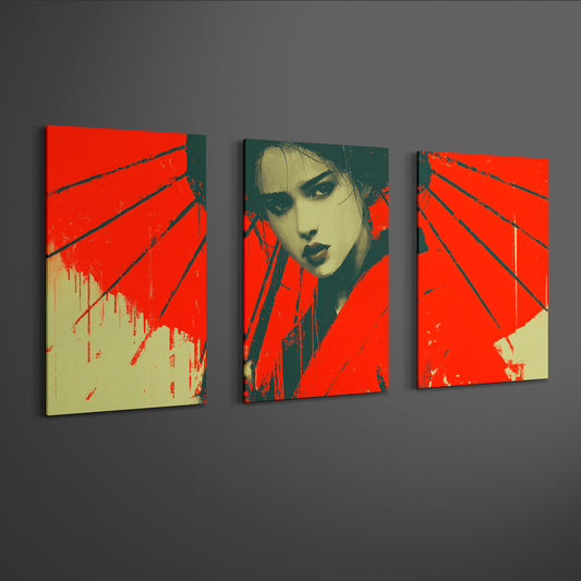 angled gallery view of japanese geisha red umbrella wall art triptych panels on neutral wall