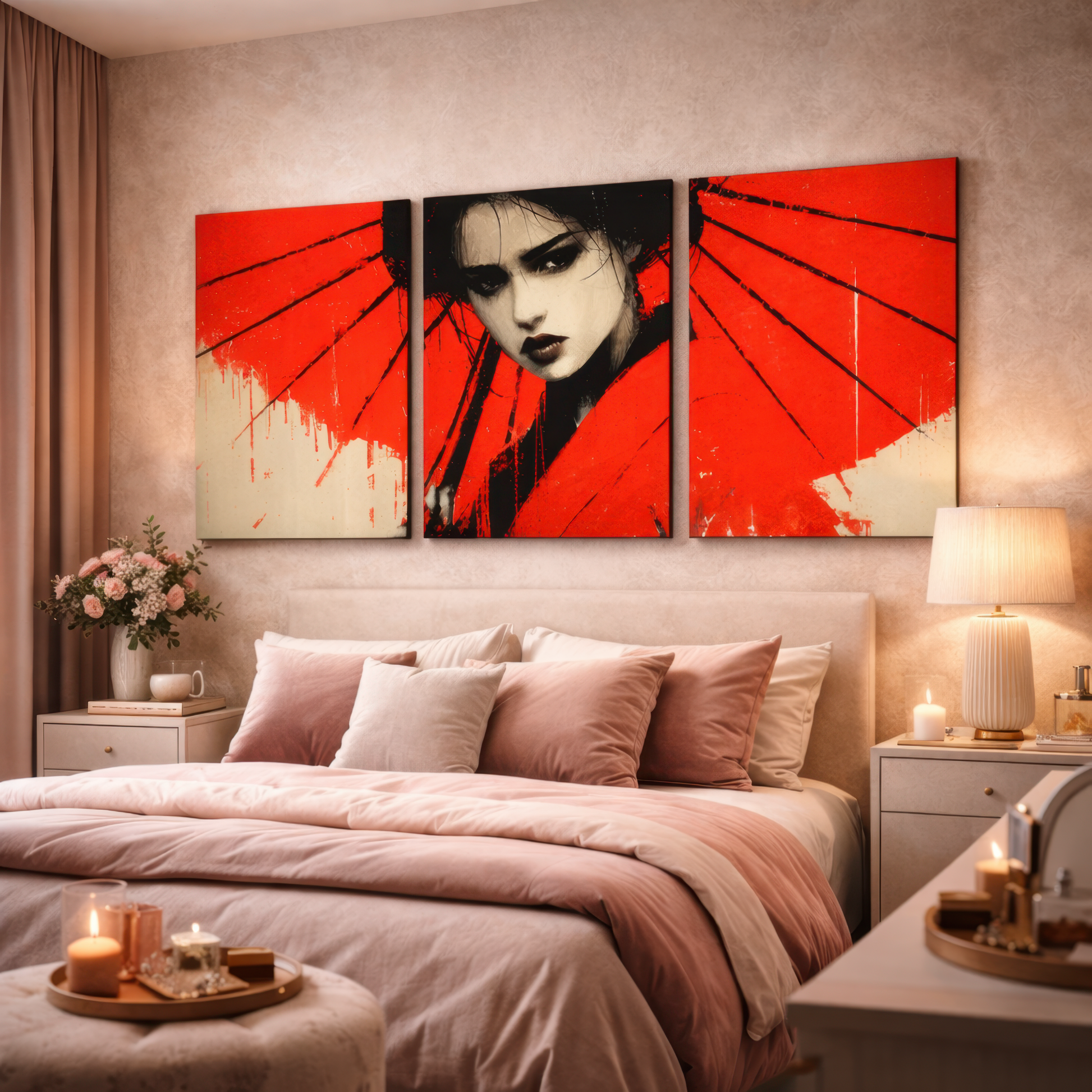 japanese geisha with red umbrella wall art triptych displayed above bed in elegant bedroom interior