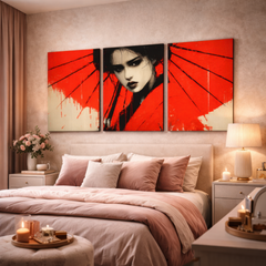 japanese geisha with red umbrella wall art triptych displayed above bed in elegant bedroom interior