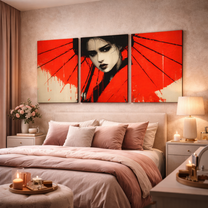 japanese geisha with red umbrella wall art triptych displayed above bed in elegant bedroom interior