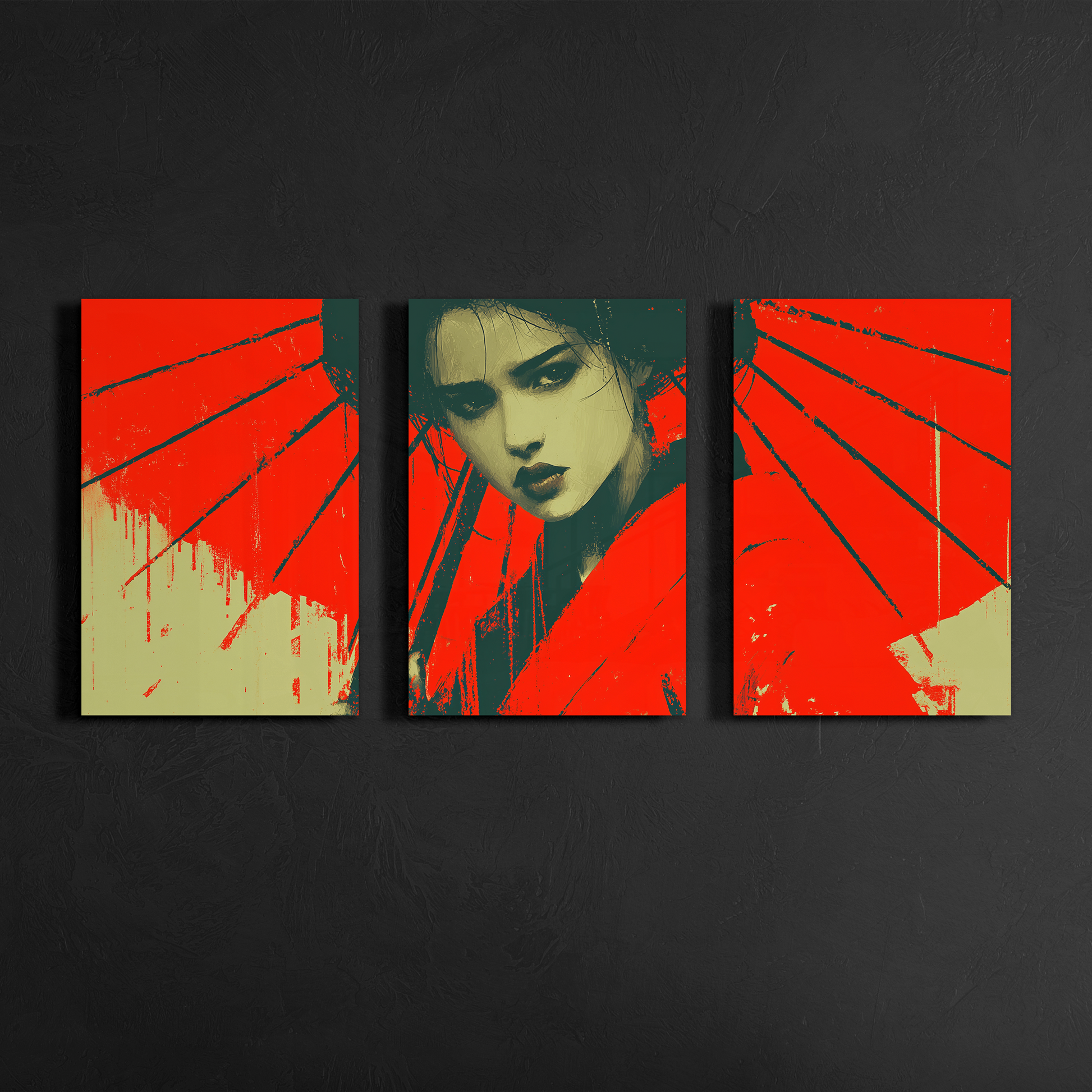 japanese geisha red umbrella wall art triptych displayed on black textured gallery wall