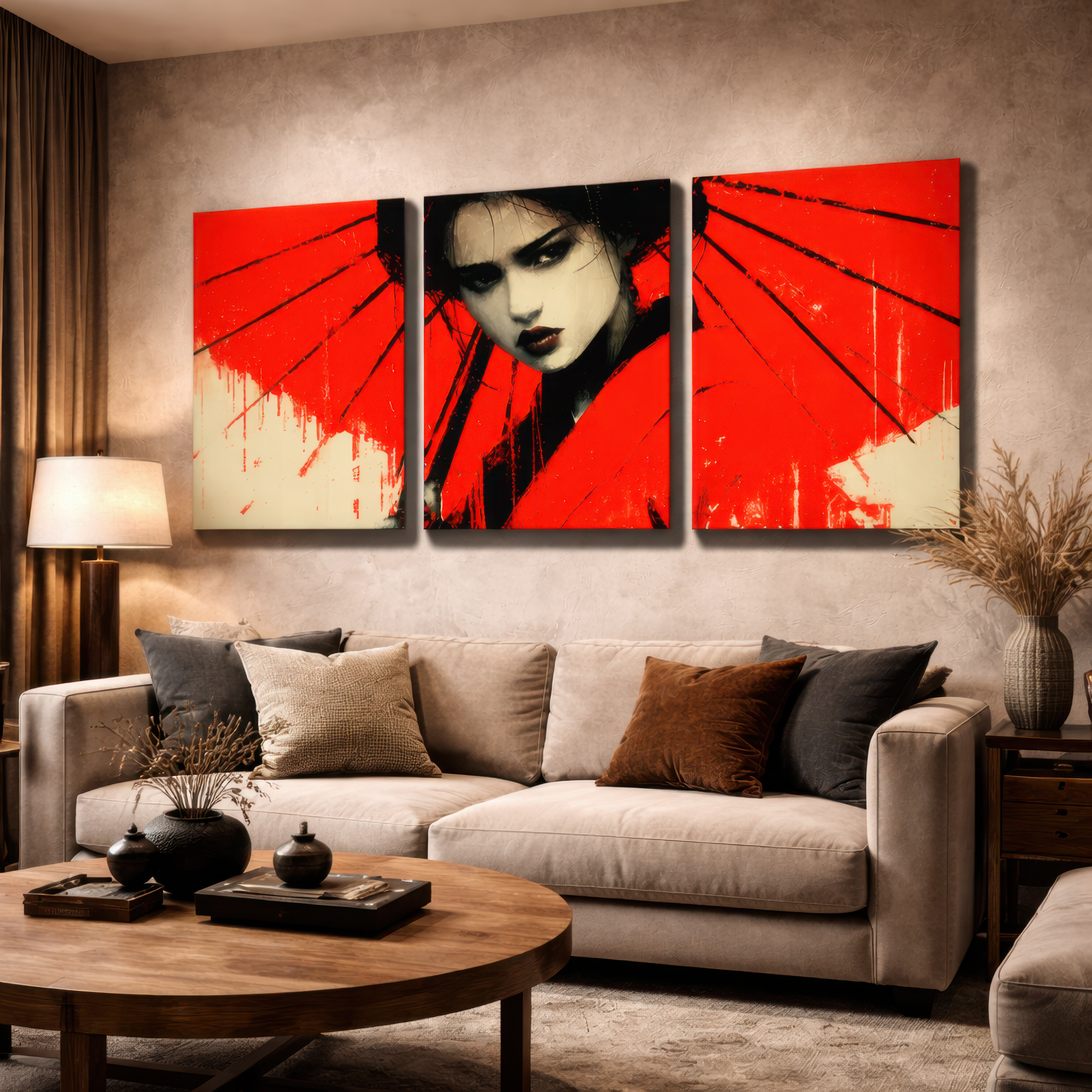 japanese geisha red umbrella wall art triptych displayed above sofa in warm luxury living room interior