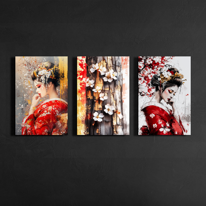 japanese geisha triptych wall art panels displayed on dark gallery wall background