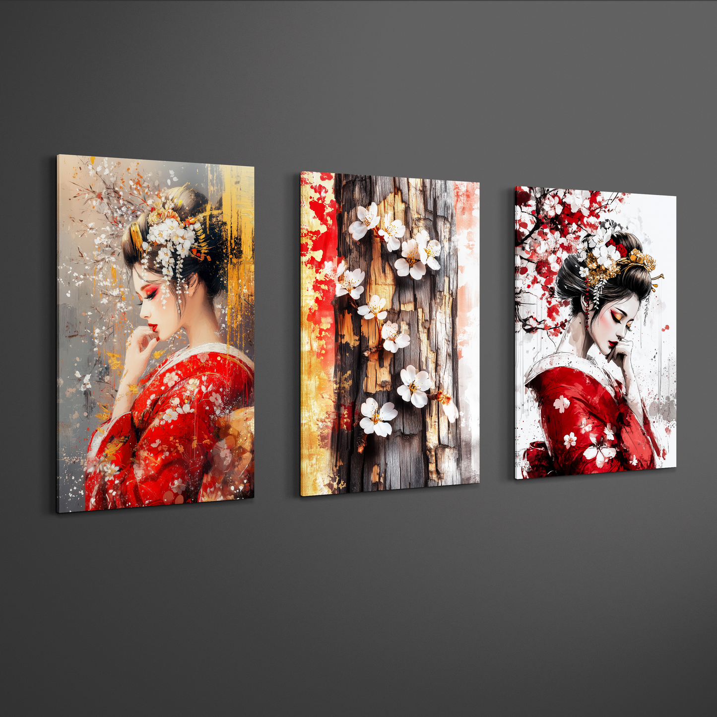 angled view of japanese geisha triptych wall art panels showing depth and spacing