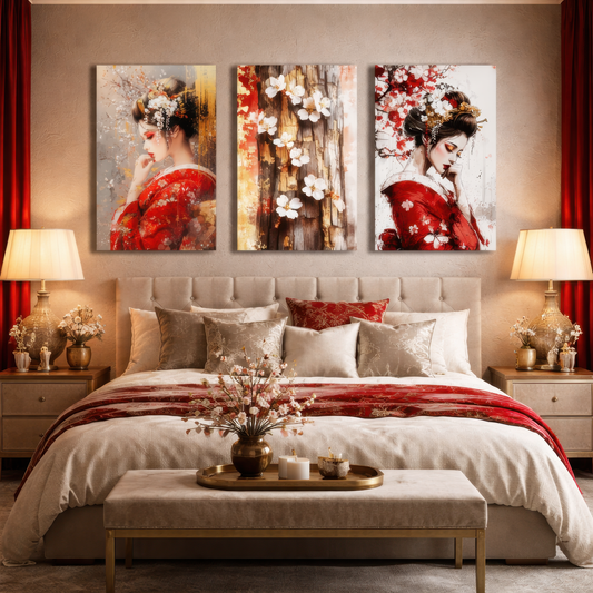 japanese geisha triptych wall art above bed featuring red kimono geisha and cherry blossom panels
