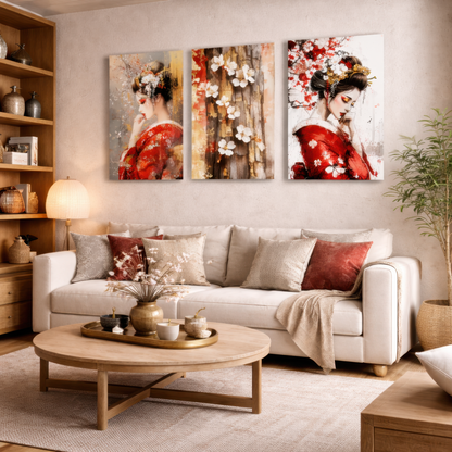 japanese geisha triptych wall art displayed above sofa in warm japandi style living room