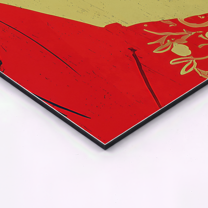 close up corner view of japanese geisha wall art printed on smooth aluminum panel with slim black frame edge