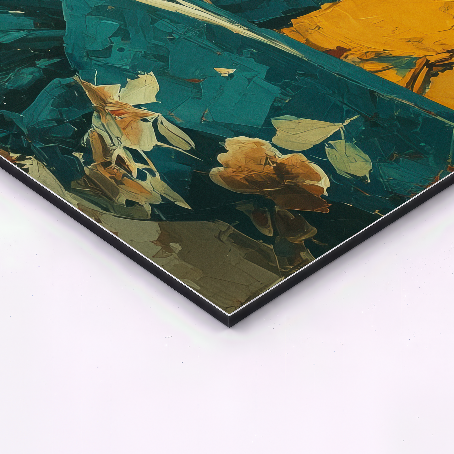 close up corner detail of japanese geisha wall art triptych printed on smooth aluminum panel