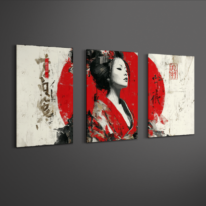 angled perspective view of japanese geisha wall art triptych panels on neutral gallery wall