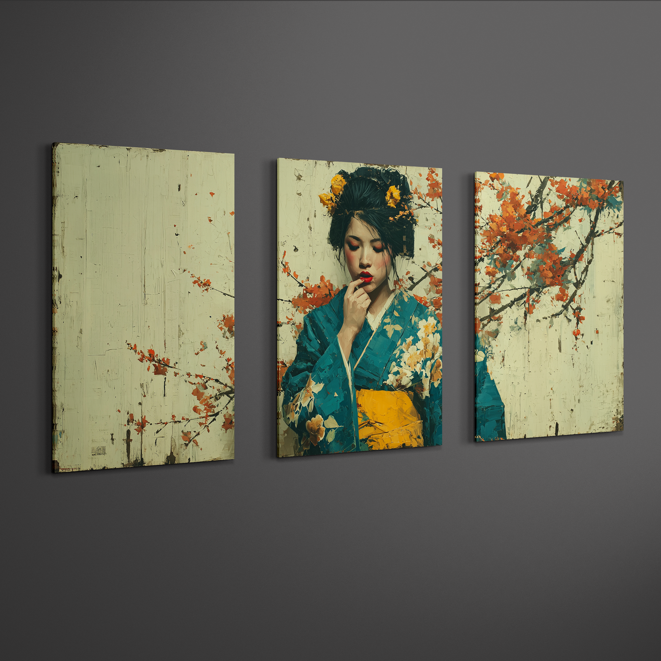 angled perspective view of japanese geisha wall art triptych panels on neutral background