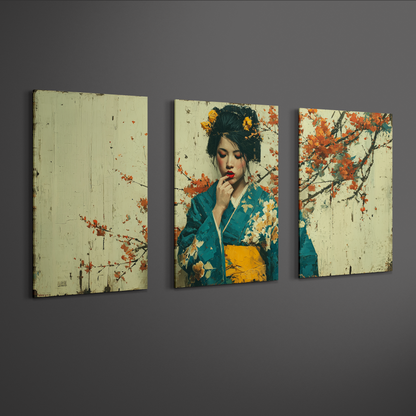 angled perspective view of japanese geisha wall art triptych panels on neutral background