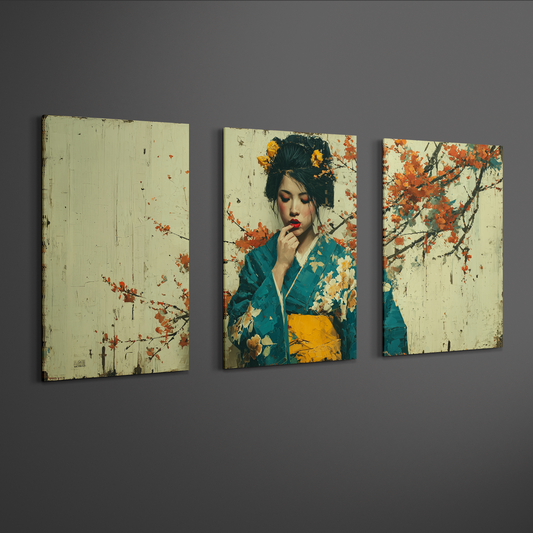 angled perspective view of japanese geisha wall art triptych panels on neutral background