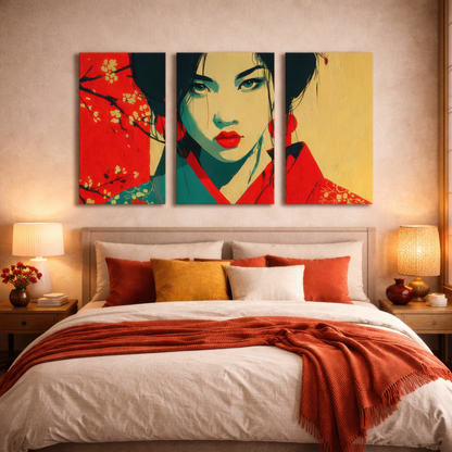 japanese geisha wall art triptych displayed above bed in warm japandi style bedroom interior
