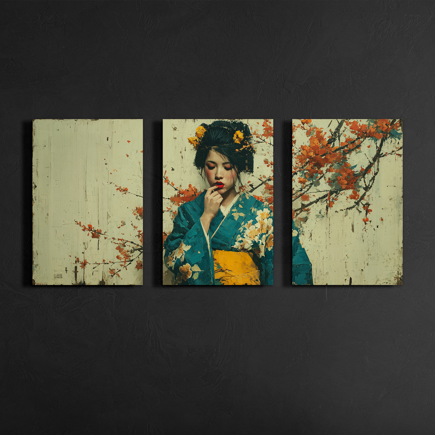 japanese geisha wall art triptych with autumn branches displayed on dark textured wall