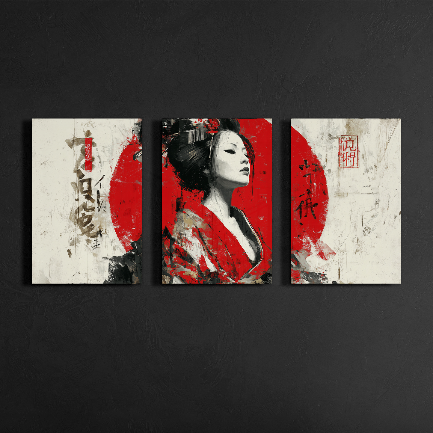 japanese geisha wall art triptych with red rising sun displayed on black textured gallery wall