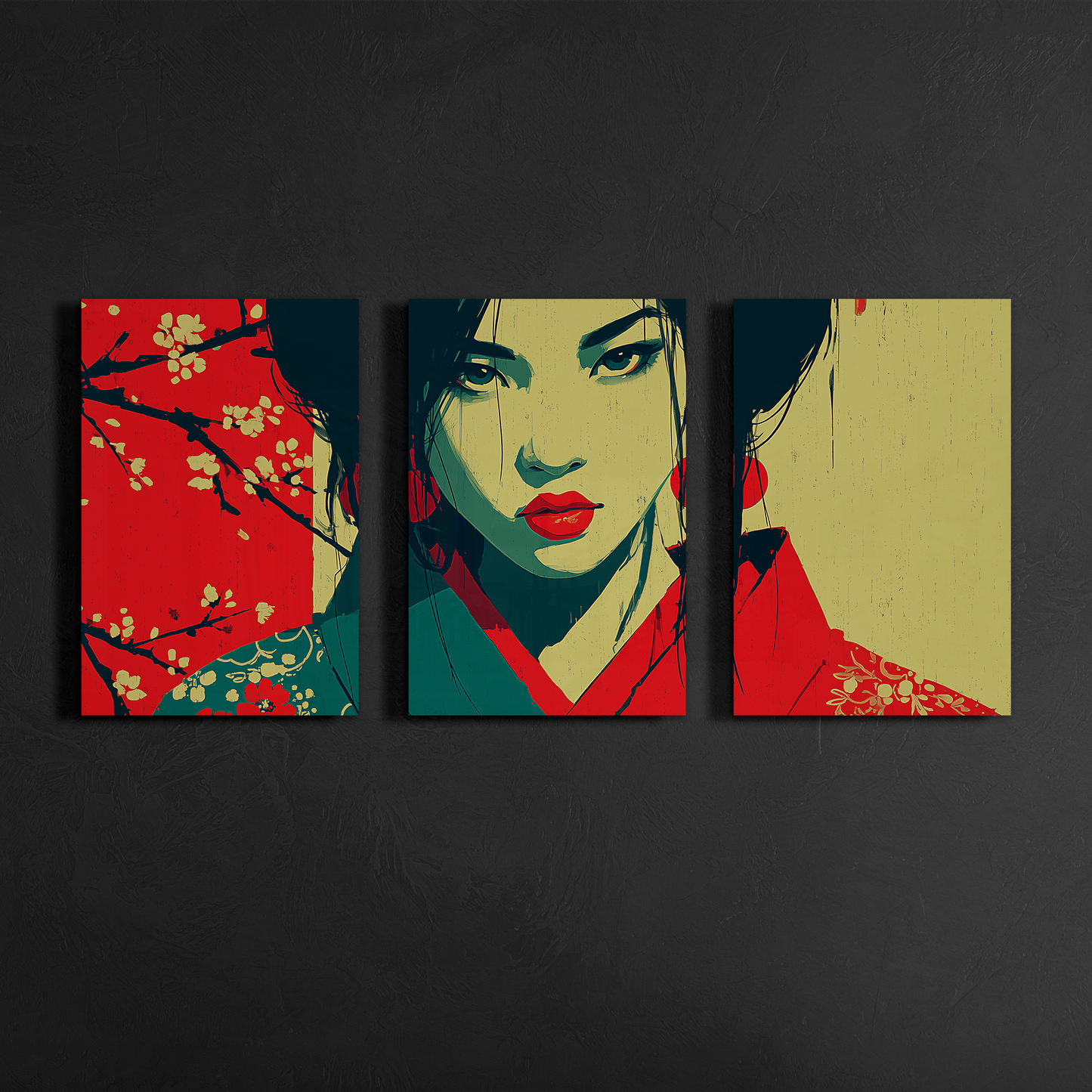 japanese geisha wall art triptych displayed on dark textured gallery wall