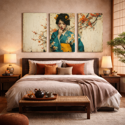 japanese geisha wall art triptych displayed above bed in warm japandi bedroom interior