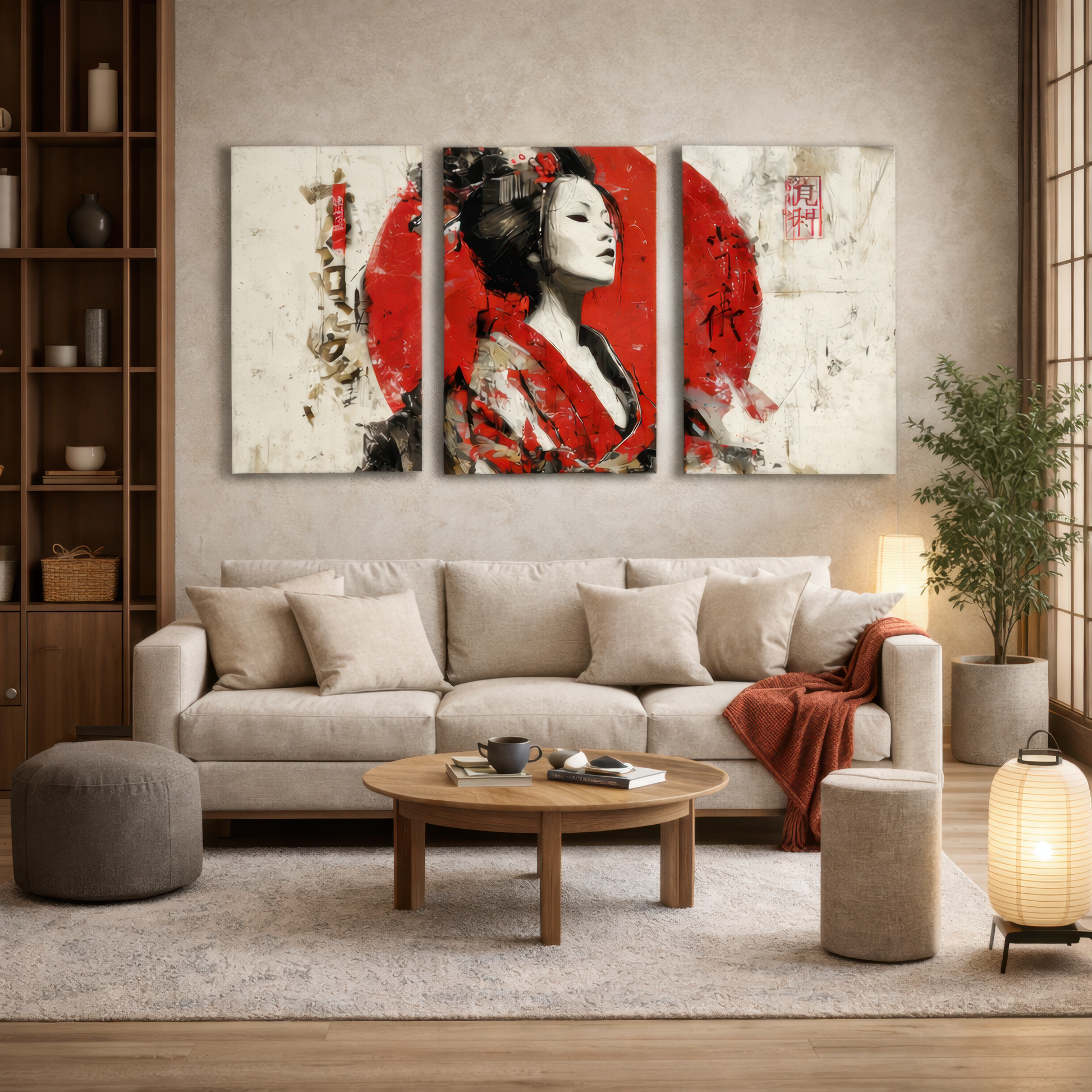 japanese geisha wall art triptych displayed above sofa in warm japandi living room