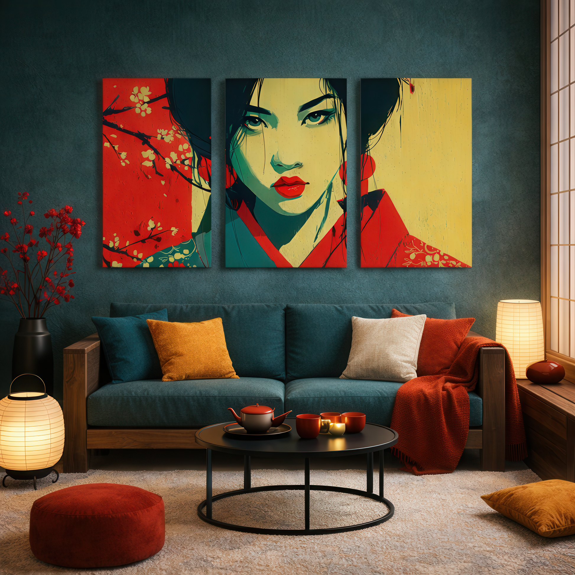 japanese geisha wall art triptych displayed above sofa in japandi living room interior