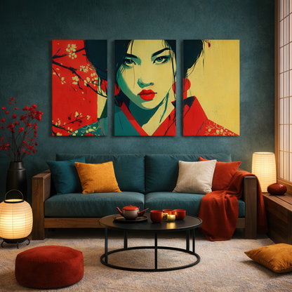 japanese geisha wall art triptych displayed above sofa in japandi living room interior