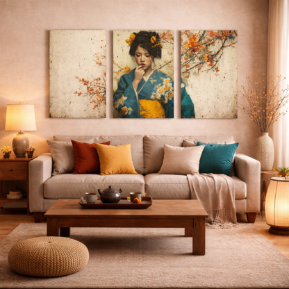 japanese geisha wall art triptych displayed above sofa in japandi style living room