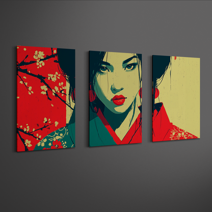 angled perspective view of japanese geisha wall art triptych printed on aluminum panels