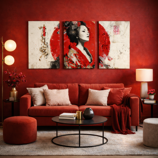 japanese geisha wall art triptych above red sofa in modern luxury living room
