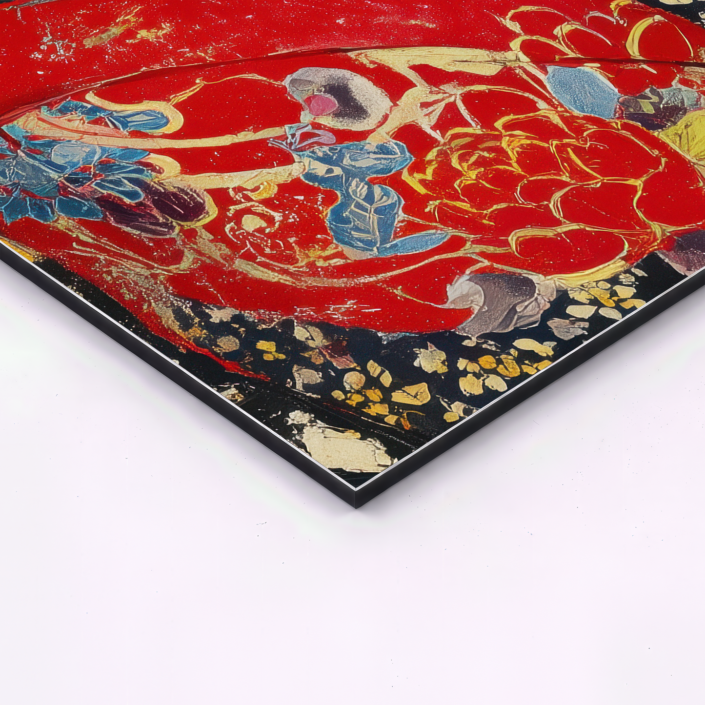 close up corner detail of japanese geisha wall art triptych printed on smooth aluminum panel with red and gold kimono pattern