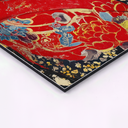 close up corner detail of japanese geisha wall art triptych printed on smooth aluminum panel with red and gold kimono pattern