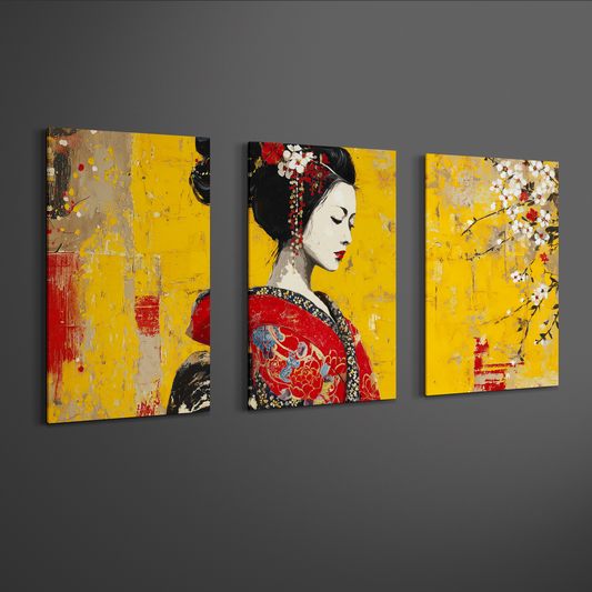 angled gallery perspective of japanese geisha wall art triptych panels with yellow background and cherry blossoms