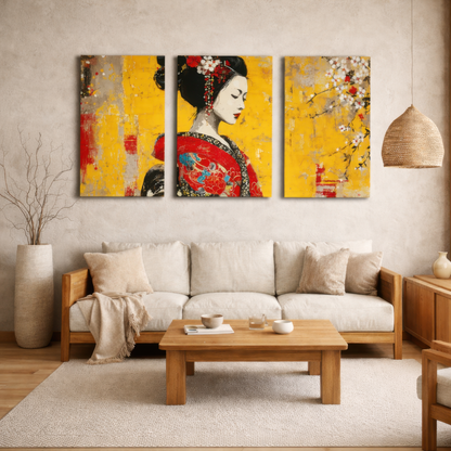 japanese geisha wall art triptych with yellow background displayed above sofa in japandi style living room