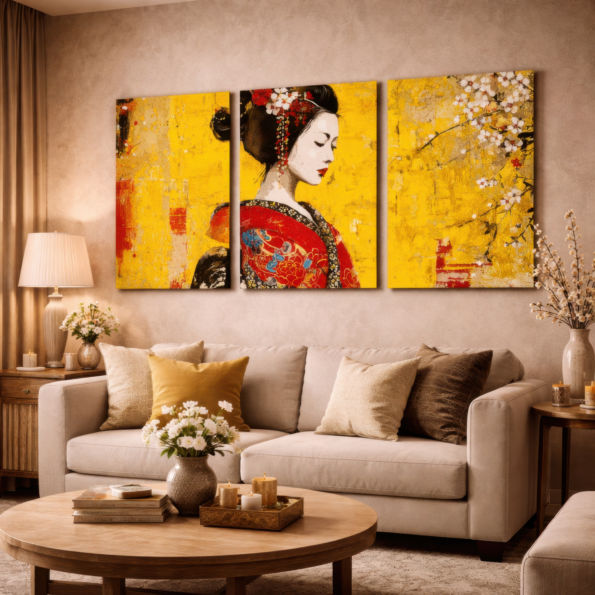 japanese geisha wall art triptych with yellow background displayed above sofa in warm luxury living room interior