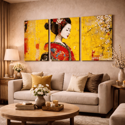 japanese geisha wall art triptych with yellow background displayed above sofa in warm luxury living room interior