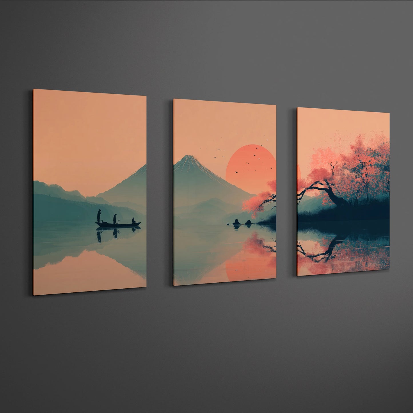 japanese lake fisherman and mount fuji triptych wall art displayed on minimalist gallery wall
