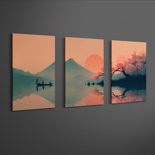 japanese lake fisherman and mount fuji triptych wall art displayed on minimalist gallery wall