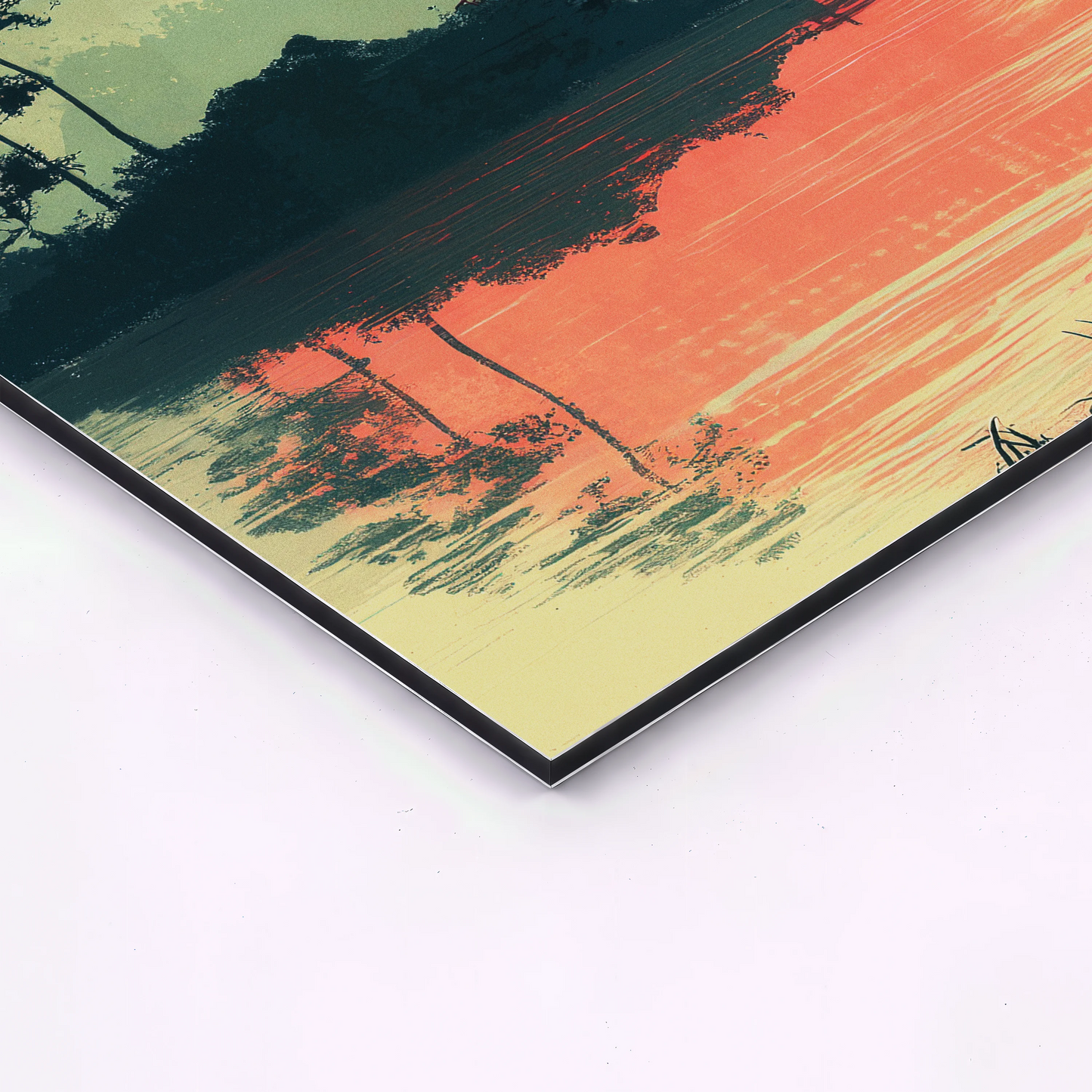 close up corner of japanese landscape wall art aluminum print showing metal edge and artwork texture